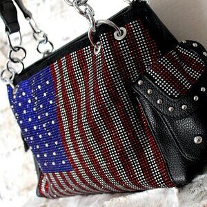 American Flag Red White Blue Rhinestone Bling Black Hobo Patriotic Handbag Bag